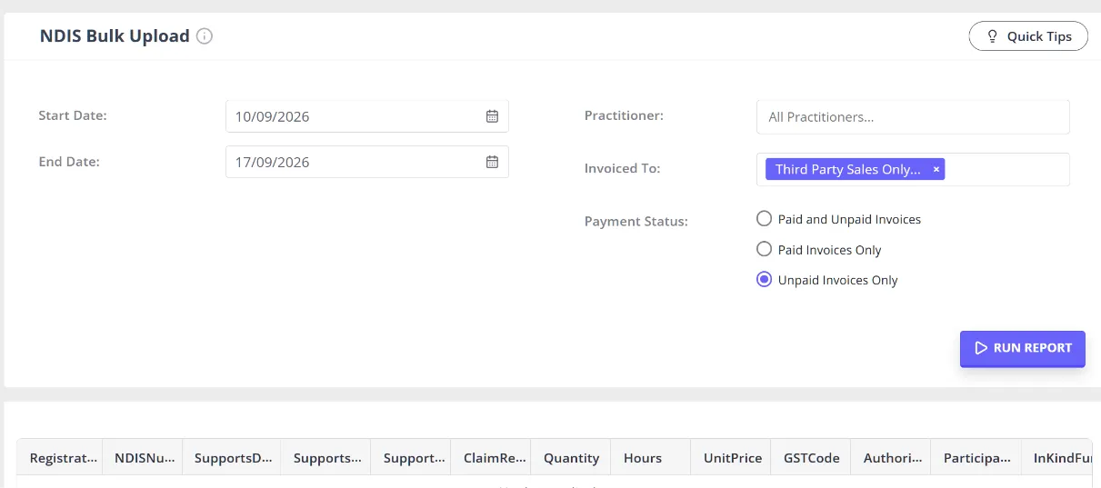 The NDIS Bulk Upload report screen in the Reports Dashboard, showing its date range and payment status filters above a results grid with NDIS claim columns