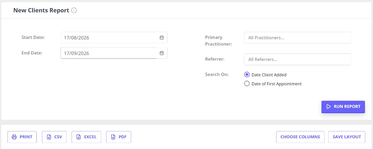 The New Clients report screen in the Reports Dashboard, showing its date range, practitioner, referrer, and search-on filters above the Run Report button