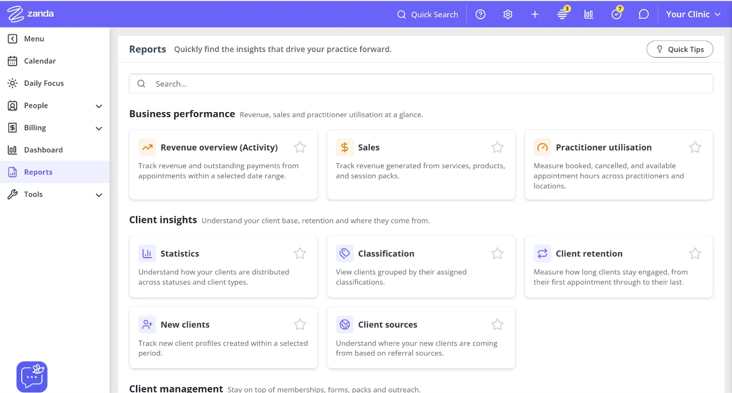 The Reports Dashboard after opening it from the left-side navigation, showing report cards grouped into categories