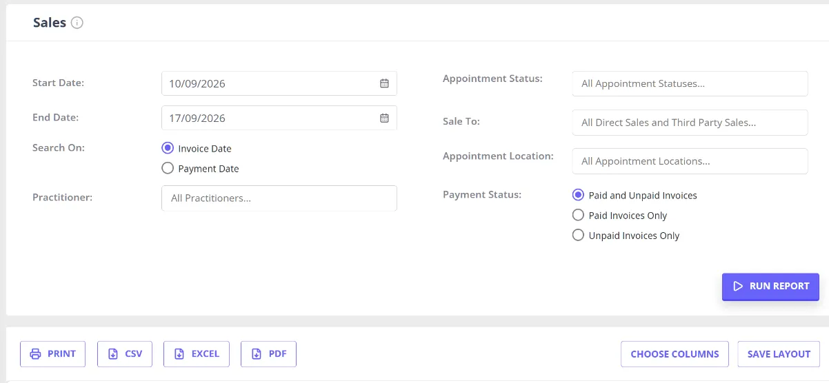 The Sales report screen in the Reports Dashboard, showing its date range, practitioner, and payment status filters above the Run Report button