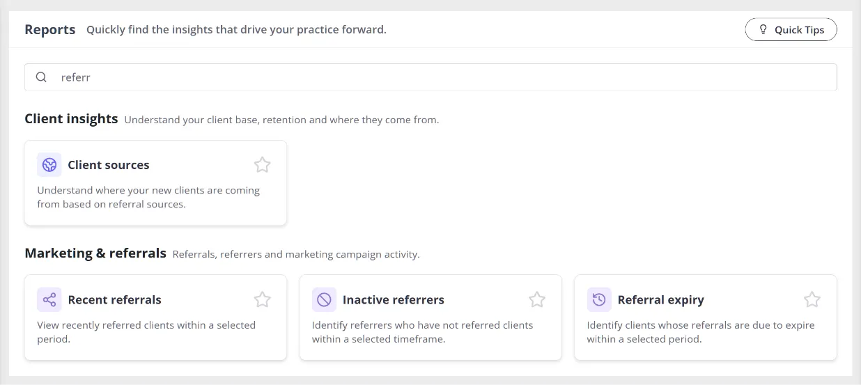 The Search field with a partial report name typed in, showing the matching report cards below it