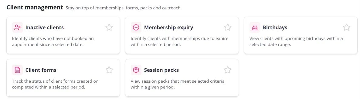 The dashboard showing a category group with report cards underneath it