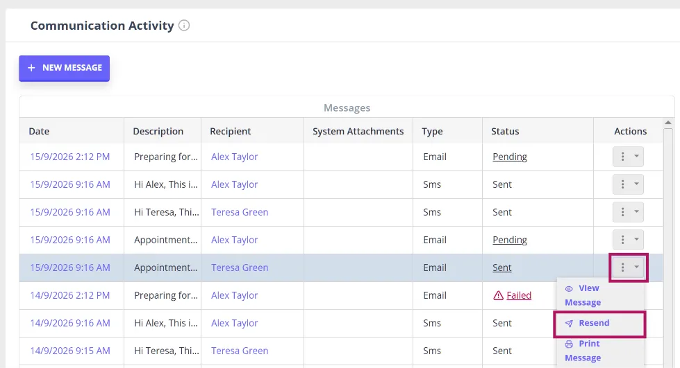 The row actions menu in Communication Activity, with Resend shown between View Message and Print Message