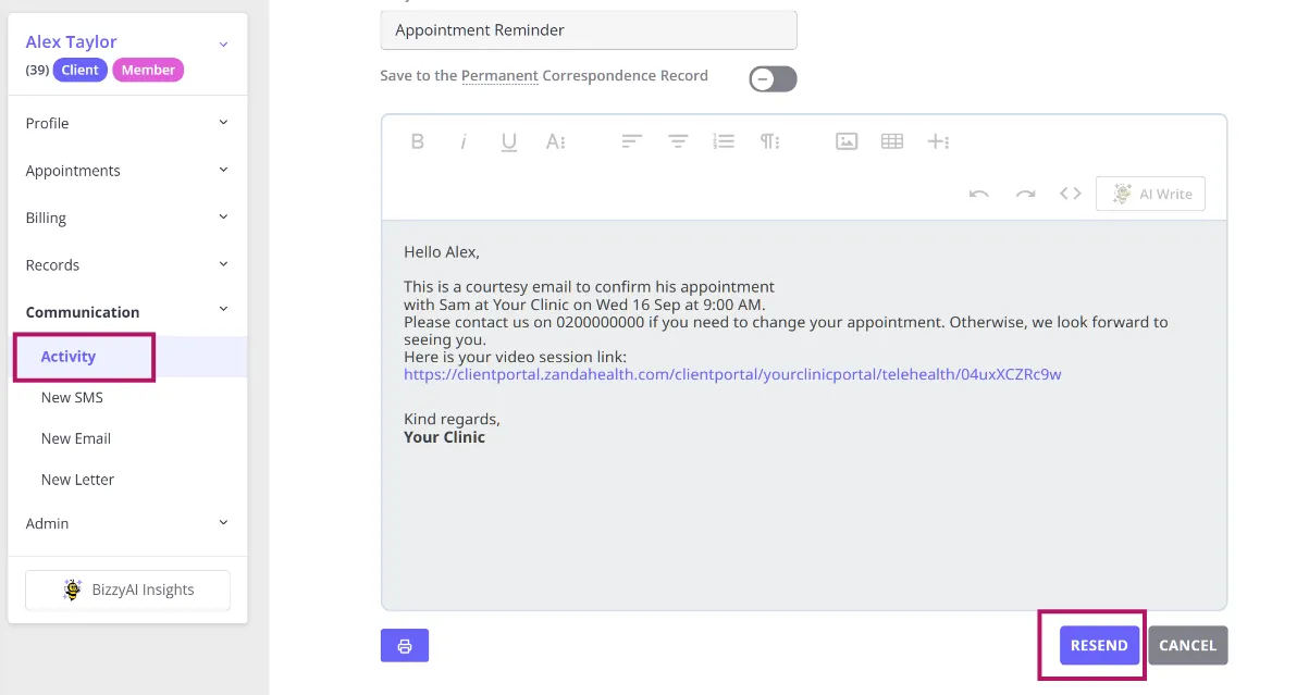 A sent email open in the message view, with the RESEND button shown next to CANCEL
