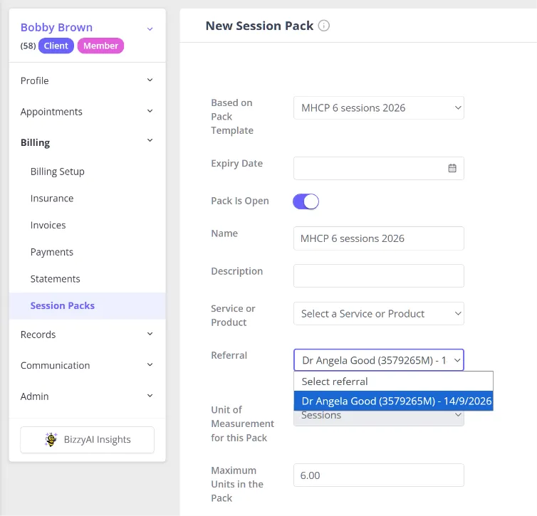 The session pack form with the Referral dropdown open, listing a client's referrals