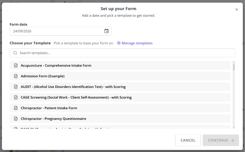 The Set up your Form window, with a form date field and a searchable list of templates