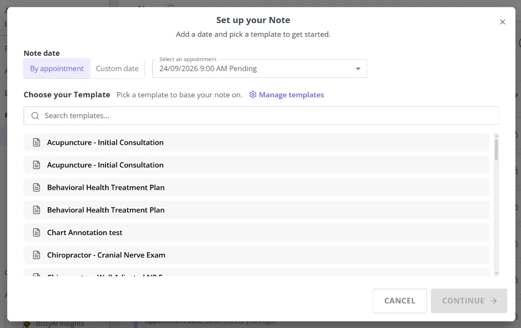 The Set up your Note window, with options to link to an appointment or use a custom date and a searchable list of templates