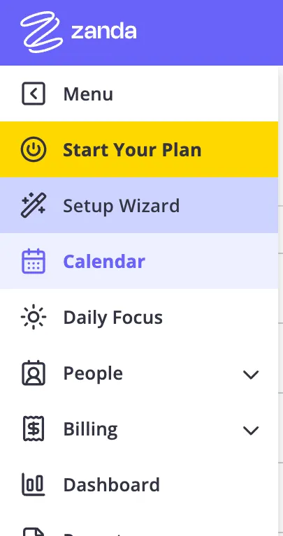 The Zanda menu with the Start Your Plan link highlighted