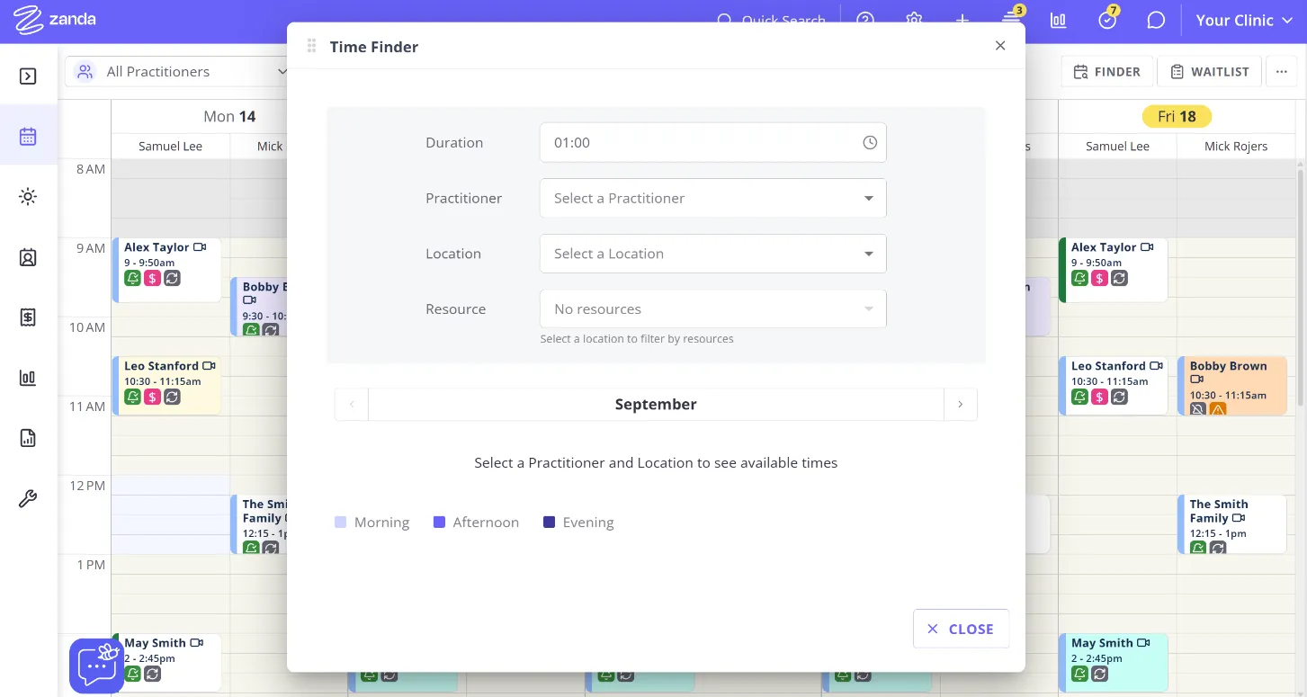 Time Finder duration, practitioner, location, and resource filter panel over the redesigned calendar
