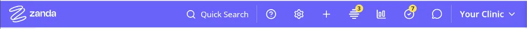 The redesigned top panel with the Zanda logo, Quick Search, Help, Settings, Quick Actions, Practice Hive, Practice Dashboard, Tasks, SMS Messenger, and the User Menu