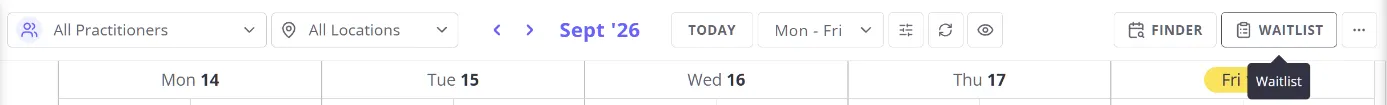 Redesigned calendar toolbar with the Waitlist icon highlighted