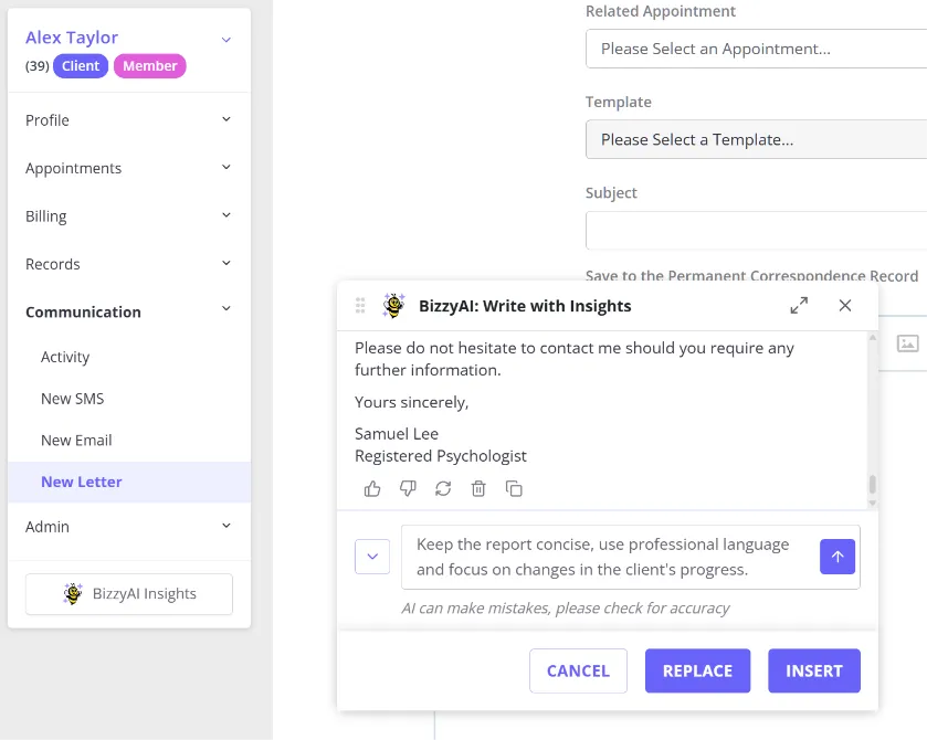 The Write with Insights panel showing a generated letter with the prompt field open to review or adjust the request before replacing or inserting the content