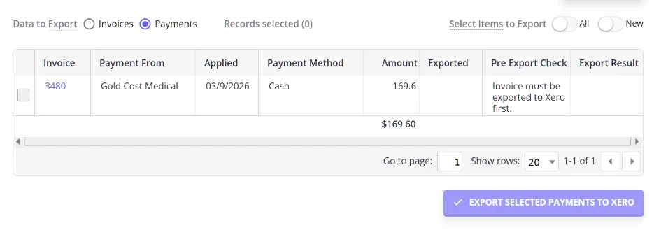 The Payments tab showing the Pre-Export Check column and the Export Selected Payments To Xero button
