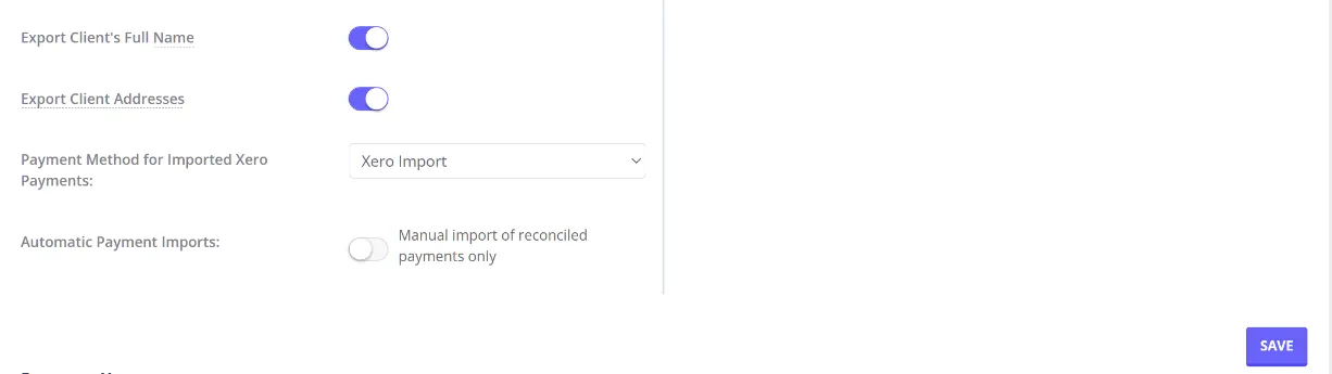 The Xero Settings screen continued, showing Export Client's Full Name, Export Client Addresses, Payment Method for Imported Xero Payments, Automatic Payment Imports, and the Save button