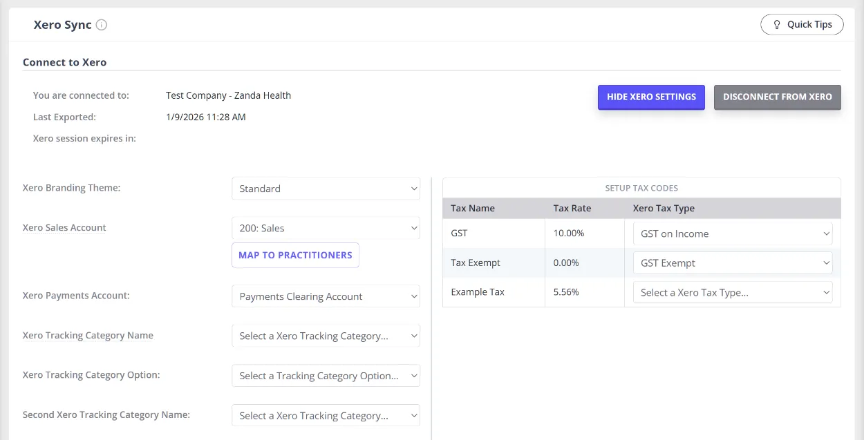 The Xero Settings screen showing Connect to Xero status, Xero Branding Theme, Xero Sales Account, Xero Payments Account, Xero Tracking Category options, and the Setup Tax Codes table