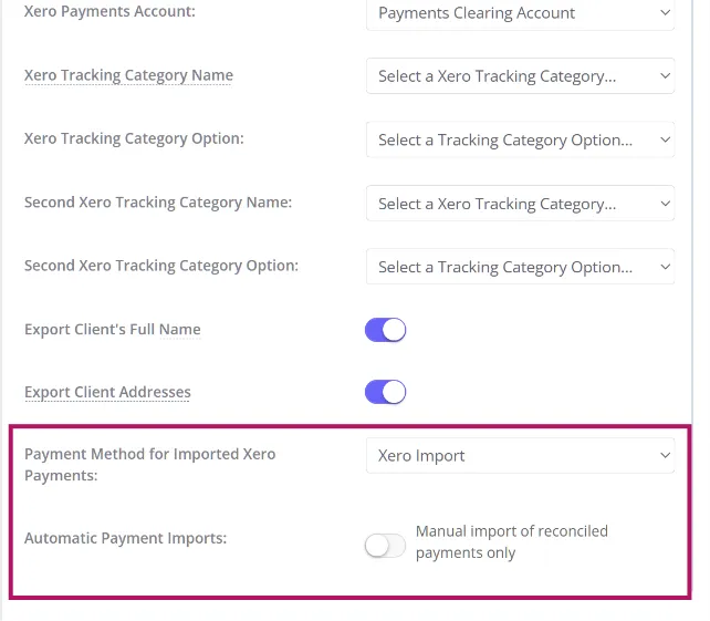The Xero Settings screen with Payment Method for Imported Xero Payments and Automatic Payment Imports highlighted