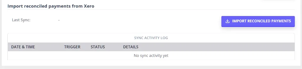 The Import reconciled payments from Xero section, with the Sync Activity Log showing no activity yet