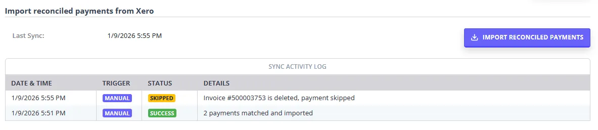 The Sync Activity Log showing a Skipped entry and a Success entry